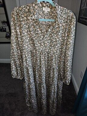 Umgee USA Maxi V Neck Floral Dress Button Up Lightweight Green Sz L